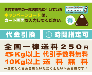 お店で販売の一部の商品に付いているキャンペーンコードは、カート画面で入力してください。代金引換　時間指定可　全国一律送料250円　4,700円以上代引き手数料無料　9,000円以上送料無料
